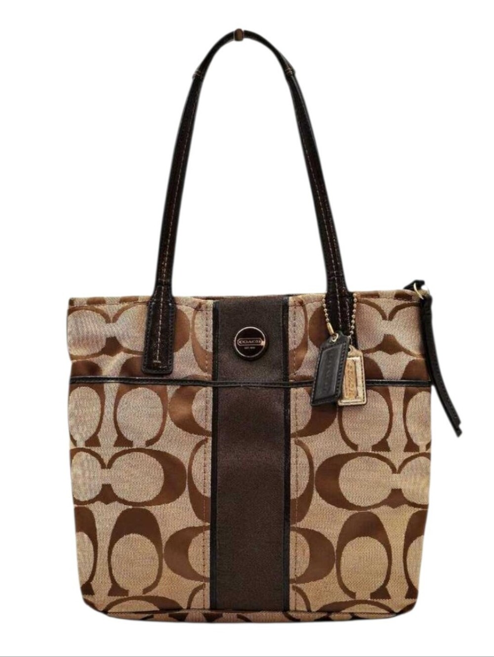 Coach Signature Tote with outside front pocket.About 13" W x 10" H. Strap drop